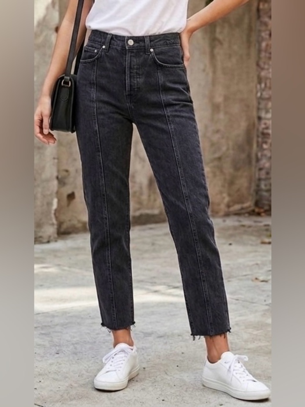 Reformation, distressed, black denim ankle pants, zipper closure, pockets, 25